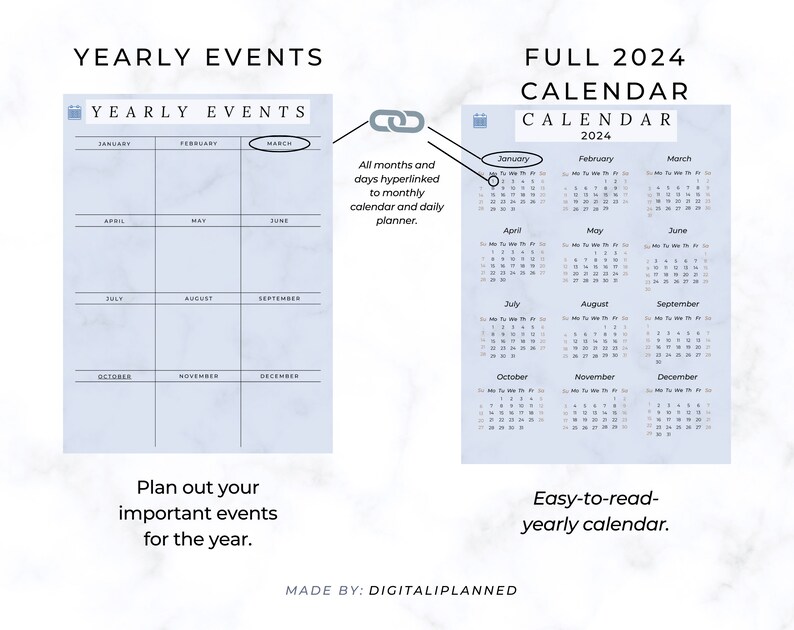2024 Hyperlinked Digital Planner 2024 Calendar 12 Monthly Calendar 52
