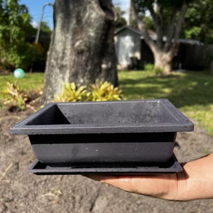 May include: A rectangular dark gray plastic bonsai pot with a matching drip tray. The container features a wide, flat rim and a deep basin, designed for plant cultivation. The surface has a matte finish with visible water droplets on the exterior.