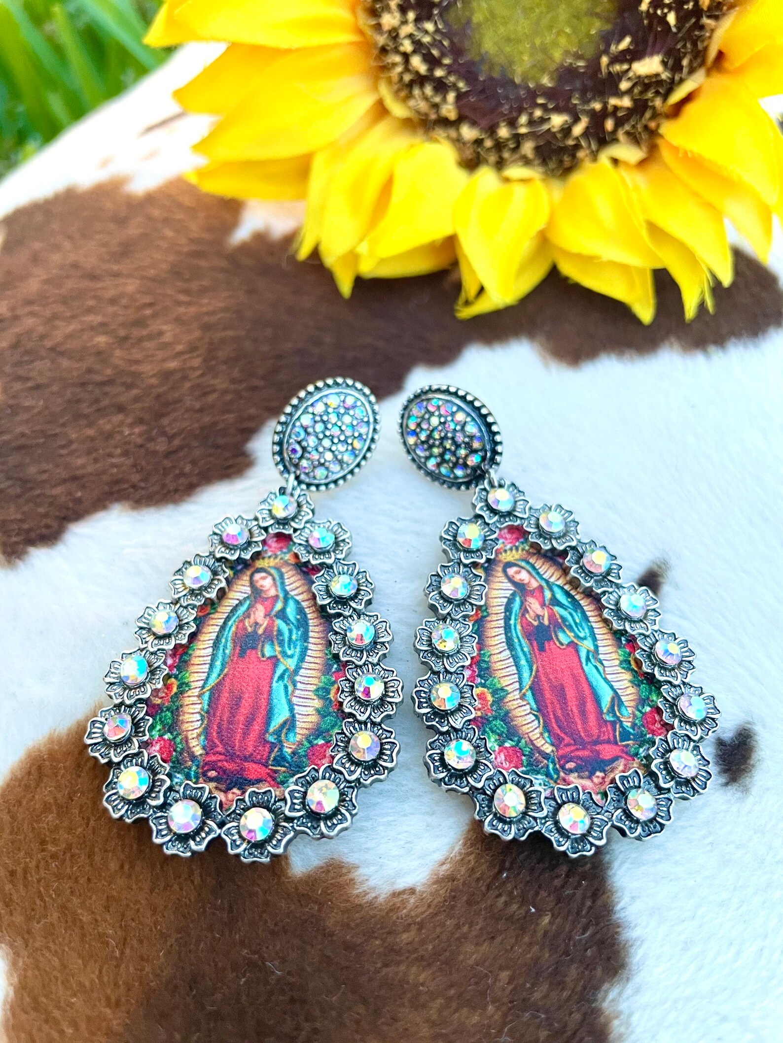 Virgin Mary Rhinestone Earrings Etsy