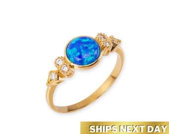 sierlijke gouden ring blauwe opaal ring 14K gouden opaal ring bruiloft verloving cadeau voor vrouwen HXW08 opaal sieraden Sieraden Ringen Enkele ringen stapelen opaal ring 