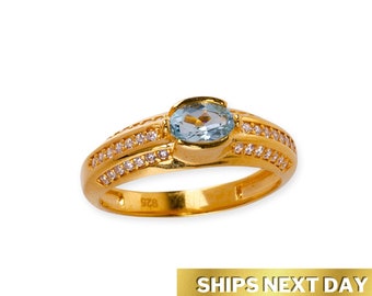 Bella Blue Topaz Ring, 24K Gold Vermeil Ring with Blue Gemstone, Gold Statement Ring, Little Finger Ring, Best Gift for Her