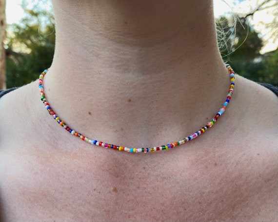 Rainbow Choker Beaded Necklace Hippie Love 60s Pride Large Beads Glass -  Swirl
