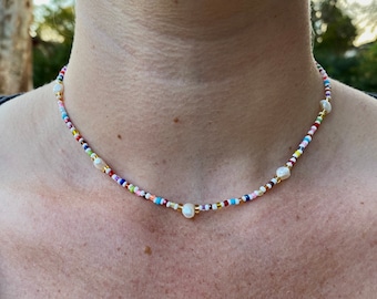 Rainbow glass beaded necklace with pearls | pearl necklace, colourful, rainbow, beaded necklace, handmade, beads