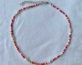 Pink and orange beaded necklace with pearls | pearl necklace, colourful, beaded necklace, handmade, beads
