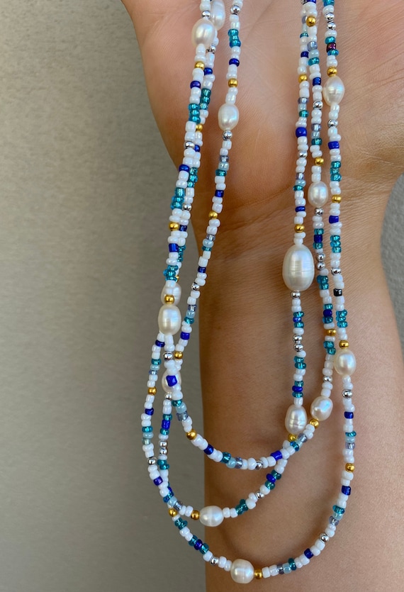 Ocean Blue Beaded Necklace With Pearls Pearl Necklace, Blue Tones, Beaded  Necklace, Handmade, Beads - Etsy