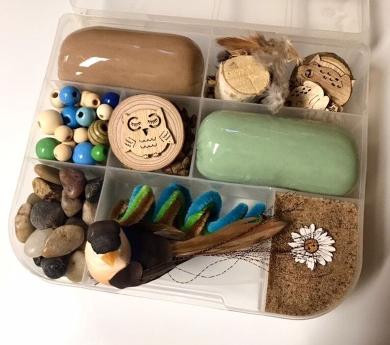 May include: A clear plastic divided container filled with craft supplies. Includes brown and green play dough, wooden beads, small stones, wooden owl cutouts, feathers, and a decorative bird. The container is ideal for crafting and creative projects.