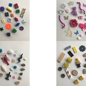 May include: Four different collections of small toys and trinkets. The first collection includes colorful plastic building blocks, a red star, a purple flower, and a rainbow-colored straw. The second collection includes a purple crown, a pink heart, a pink flower, a purple unicorn, a pink butterfly, and a pink unicorn. The third collection includes a blue marble, a white seashell, a red lobster, a blue fish, a green snake, and a gray rock. The fourth collection includes a gray Lego block, a yellow Lego block, a black Lego piece, a yellow Lego construction worker, a yellow and white striped straw, and a brown wooden block.