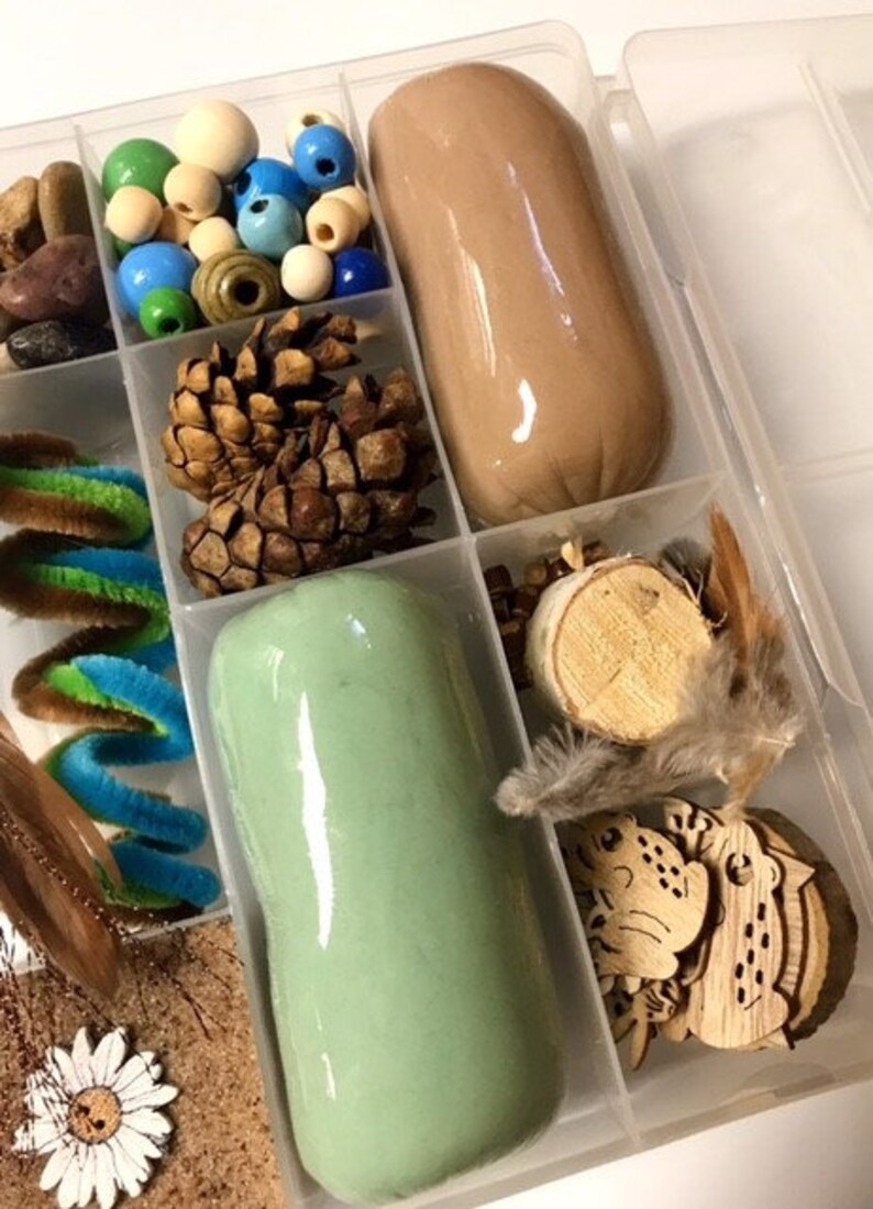 May include: A clear plastic container with multiple compartments filled with craft supplies. Includes wooden beads, pinecones, green and brown playdough, wooden cutouts, feathers, and colorful pipe cleaners. A variety of natural and craft elements.