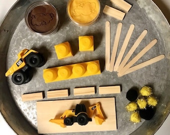 Toddler Construction Playdough Kit: CAT Trucks, Wooden Bricks
