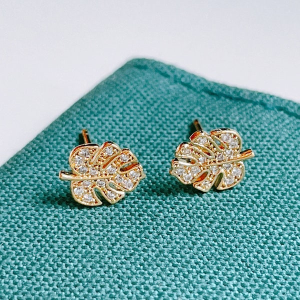 Monstera Leaf Earrings, Tropical Leaf Stud, CZ Botanical Jewelry, Delicate Gold Dipped Earrings, CZ Monstera Leaf Stud