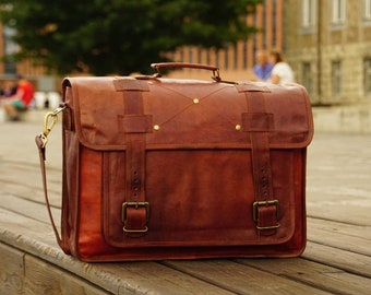 Handmade Leather Messenger Bag, Genuine Leather Briefcase Satchel Bag, Mens Work Office Briefcase Crossbody Bag