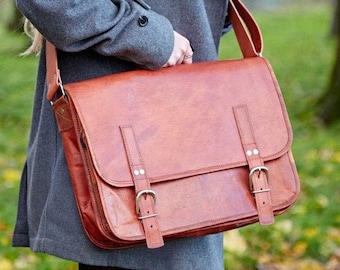 Bolso mensajero de cuero para computadora portátil, bolso de maletín de cuero real vintage, bolso de hombro de la universidad de oficina para hombres - regalo de graduación