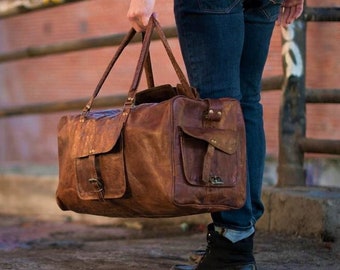 Handmade Goat Leather Duffle Bag: Vintage Brown Weekend Travel Bag