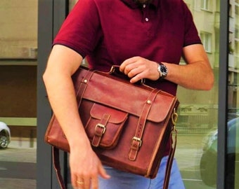 Leather Messenger Bag, Leather Satchel Men, Leather Laptop Bag Briefcase, Mens Office Work Briefcase Bag