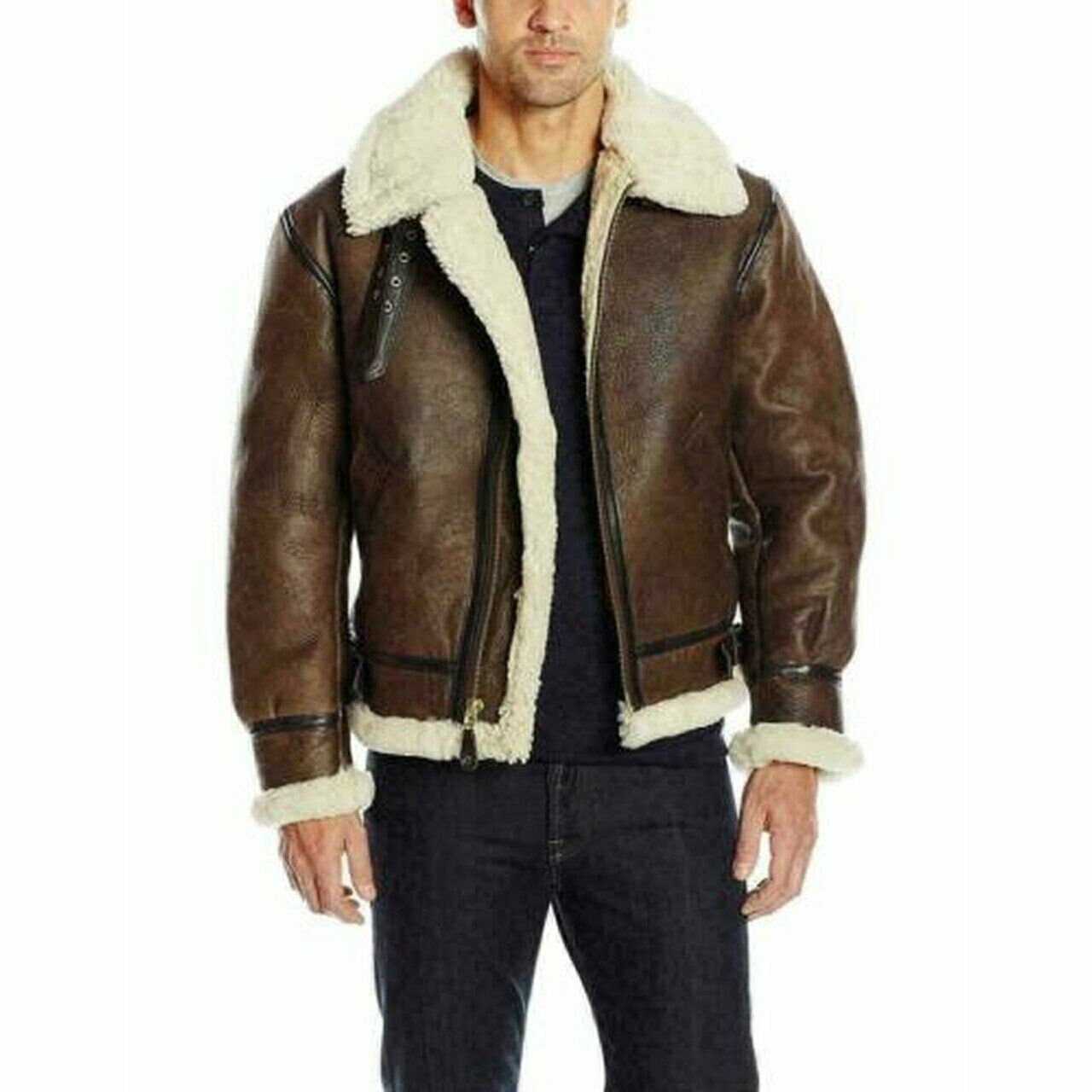 Vintage Aviator Men's RAF B3 Shearling Fur Sheepskin Leather Jacket ...