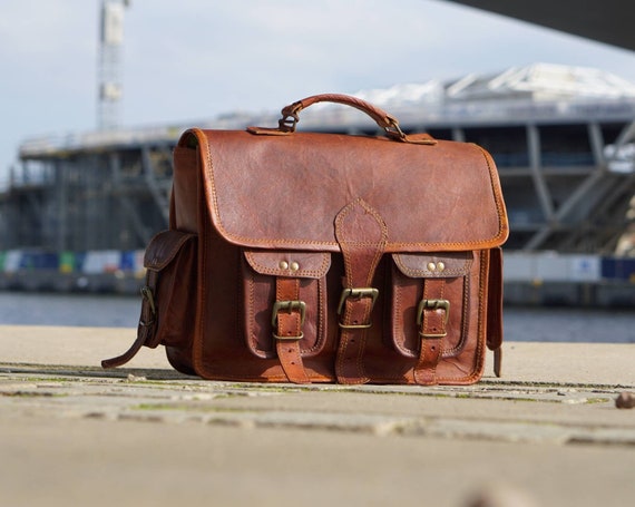 17" Men Real Leather Vintage Very Strong Messenger Shoulder Laptop Bag  Briefcase