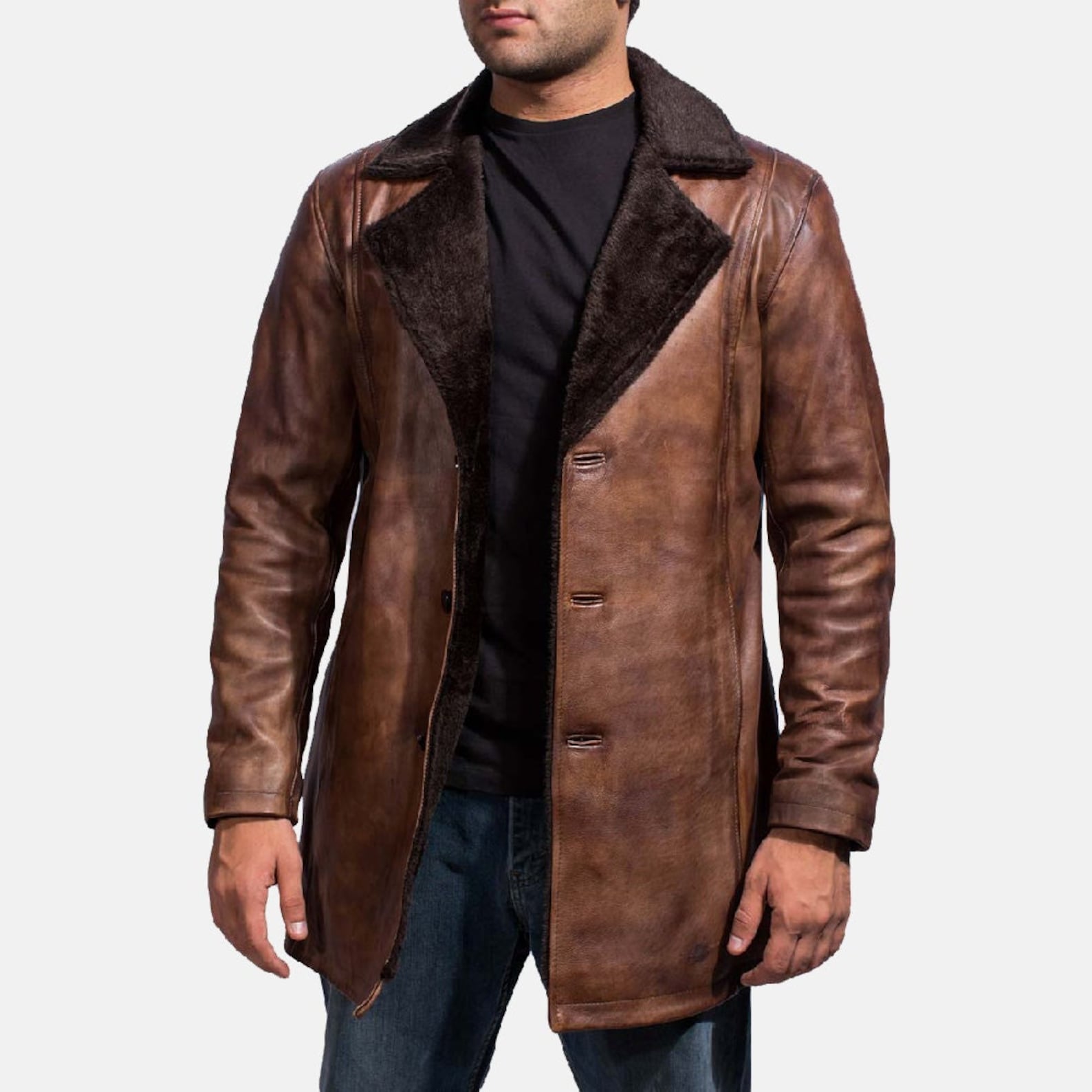 Men Distressed Brown Leather Coat Genuine Sheepskin Real Leather Winter ...