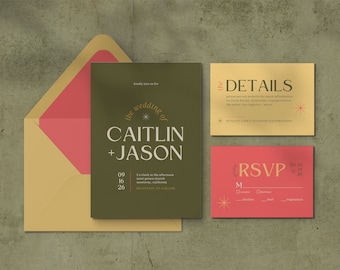 Colorful Retro Themed Wedding Invitation Set | Printable Bold Wedding Suite | Editable Modern Digital Download Invite Template