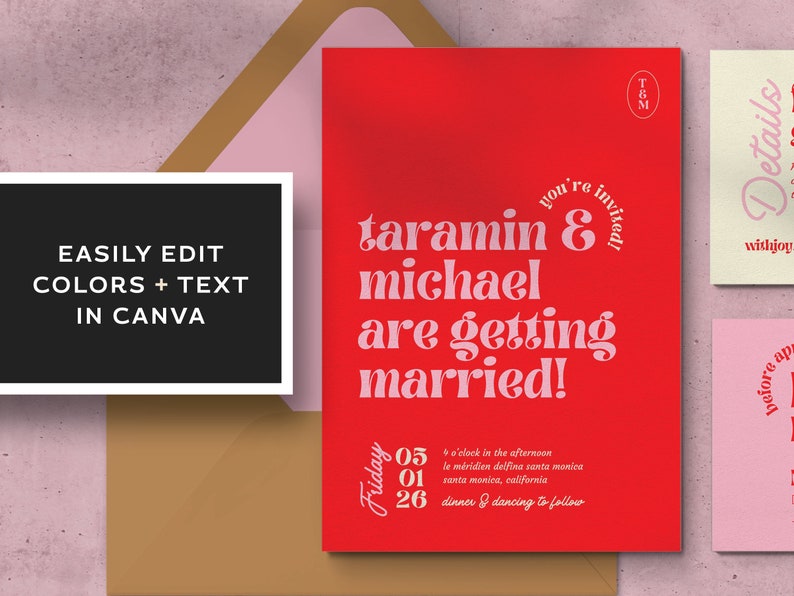 Bright and Colorful Retro Themed Wedding Invitation Set, Printable Fun Bold Wedding Suite, Editable Modern Digital Download Invite Template image 4