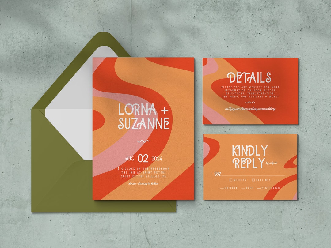 Colorful Retro Themed Wedding Invitation Set Printable Bold Wedding