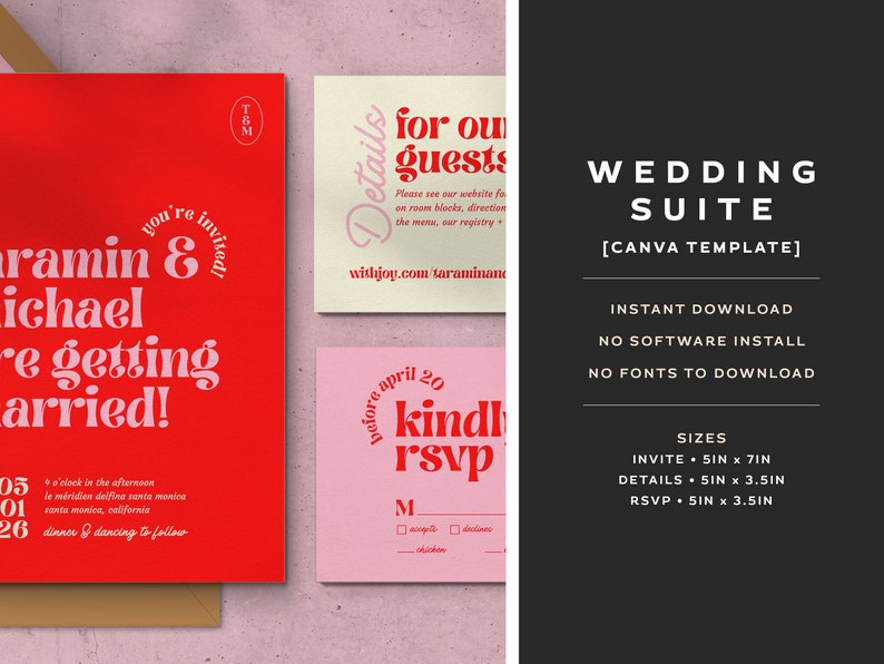 Bright and Colorful Retro Themed Wedding Invitation Set, Printable Fun Bold Wedding Suite, Editable Modern Digital Download Invite Template image 3