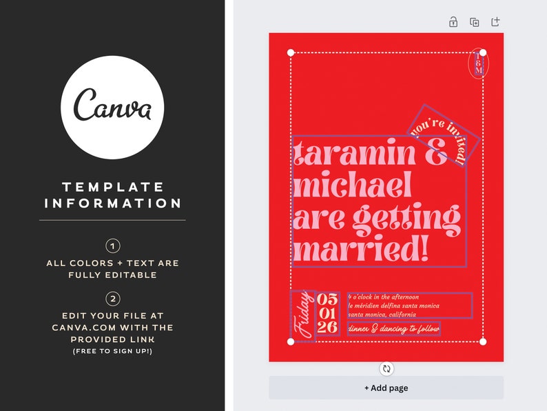 Bright and Colorful Retro Themed Wedding Invitation Set, Printable Fun Bold Wedding Suite, Editable Modern Digital Download Invite Template image 5