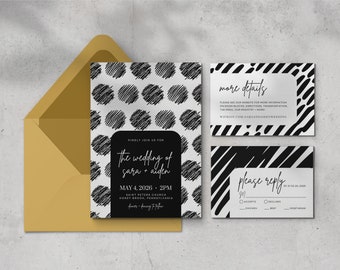 Modern Bold Wedding Invitation Template | Black and White Fun Invitation Suite | Bold Wedding Invite Modern Retro Wedding Invitation | Canva