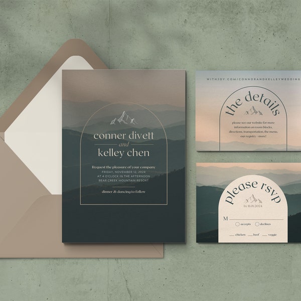 Mountain Wedding Invitation Suite Template, Rustic Wedding Invite, Wedding Invitation Set, Canva Template