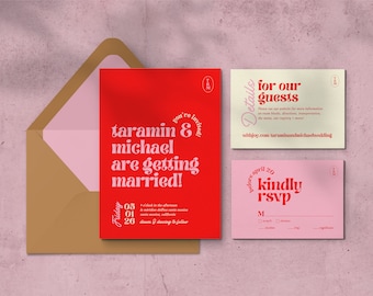 Bright and Colorful Retro Themed Wedding Invitation Set, Printable Fun Bold Wedding Suite, Editable Modern Digital Download Invite Template
