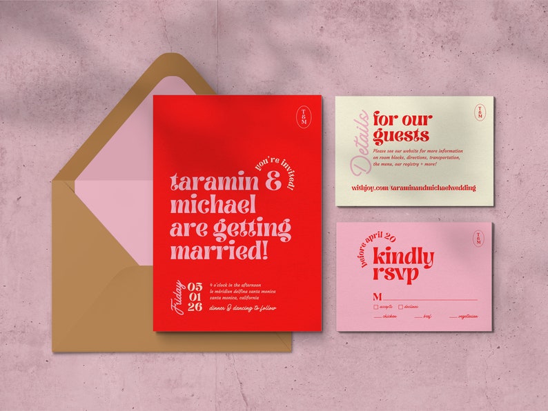 Bright and Colorful Retro Themed Wedding Invitation Set, Printable Fun Bold Wedding Suite, Editable Modern Digital Download Invite Template image 1