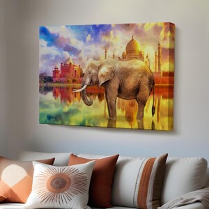 Elephant and Taj Mahal Canvas Wall Art: Landscape Oil Painting Look