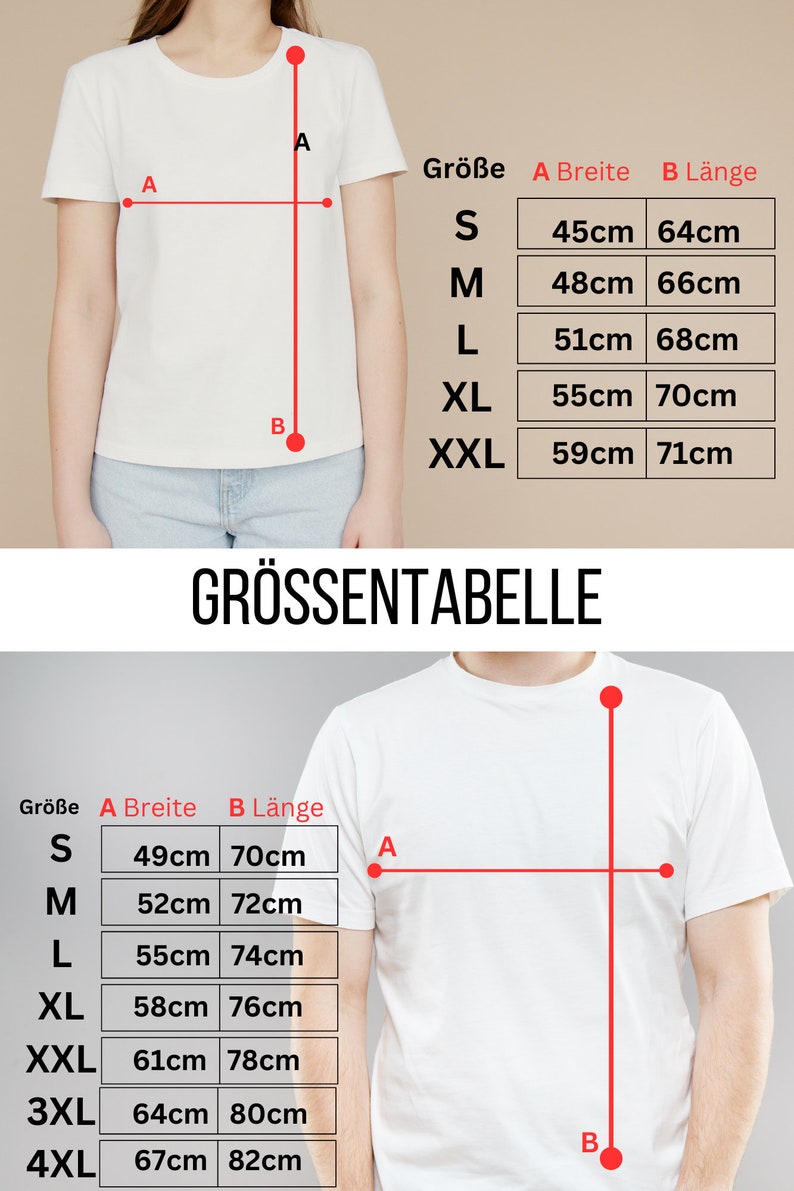 Pu&ograve; includere: Tabella delle taglie per una t-shirt bianca con misure in centimetri per la larghezza (A) e la lunghezza (B). La tabella mostra le taglie S, M, L, XL, XXL, 3XL e 4XL.