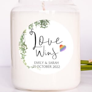 Pegatina personalizada Love Wins, LGBTQ, pegatinas de boda personalizadas, pegatinas de recuerdo de fiesta, boda gay guardar la fecha, regalos, invitaciones