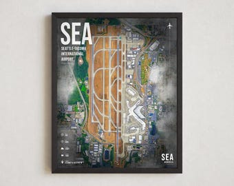 Flughafenplan-Poster SEA, Satellitenbild des internationalen Flughafens Seattle-Tacoma