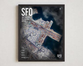 SFO-Flughafenplan-Poster, Satellitenbild für die Wandgestaltung des internationalen Flughafens San Francisco