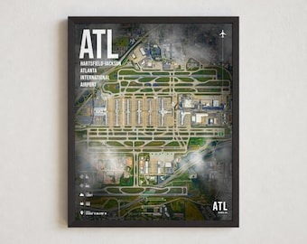 Poster mit Flughafenplan ATL, Satellitenbild des internationalen Flughafens Hartsfield-Jackson Atlanta