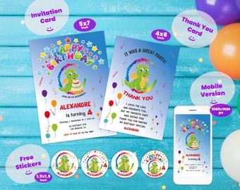 Puede incluir: Un conjunto de invitaciones y tarjetas de agradecimiento para una fiesta de cumpleaños imprimibles con un dragón verde con alas de arcoíris. La tarjeta de invitación mide 5x7 pulgadas y la tarjeta de agradecimiento mide 4x6 pulgadas. El conjunto también incluye una versión móvil de la tarjeta de invitación y cuatro pegatinas de 1,5x1,5 pulgadas.