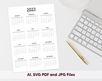 2023 Printable Calendar, Yearly Calendar 2023, Office Calendar, Monday and Sunday Start, One Page Calendar, SVG Calendar, Wall Calendar