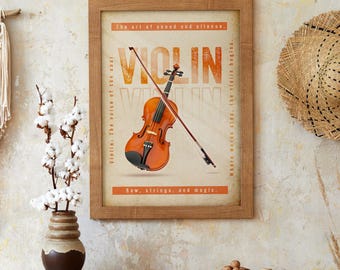 Puede incluir: Un póster de estilo vintage con un violín y el texto "Violin: The voice of the soul. Bow, strings, and magic. The art of sound and silence. Where words stop, the violin begins."
