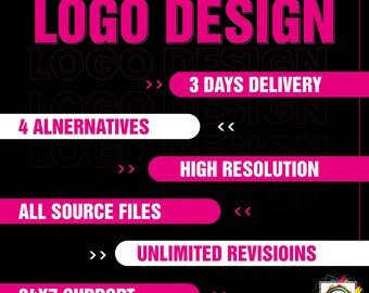 Puede incluir: Un gráfico rosa y blanco con el texto "LOGO DESIGN" en letras grandes, negritas y rosas. El gráfico enumera las siguientes características: 4 alternativas, entrega en 3 días, alta resolución, todos los archivos fuente, revisiones ilimitadas y soporte 24/7.