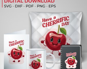 Puede incluir: Un conjunto de descargas digitales con una linda cereza de dibujos animados con el texto "Have a Cherrific Day". El conjunto incluye una almohada, una taza, una tarjeta y un cuaderno.