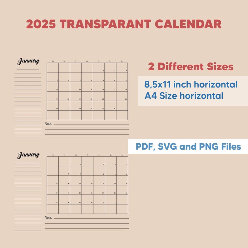 2025 Monthly Calendar Template, Transparent Calendar, Monday and Sunday Customize My 2025 Monthly Calendar Template