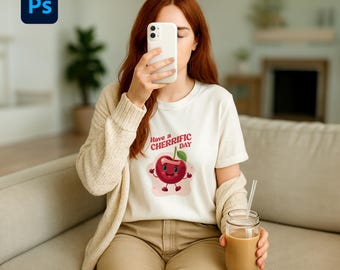Puede incluir: Camiseta blanca con un gráfico de cereza roja y el texto "Have a CHERRIFIC DAY".
