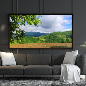 K&ouml;nnte beinhalten: Ein graues Sofa mit wei&szlig;en Kissen und einer wei&szlig;en Wolldecke vor einer schwarzen Wand mit einem gerahmten Landschaftsfoto eines gr&uuml;nen Feldes und Bergen.