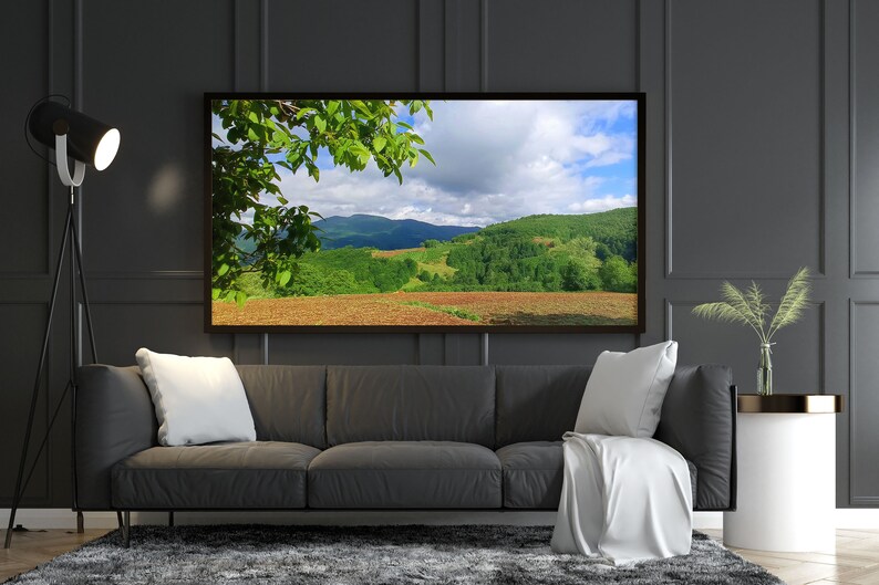 K&ouml;nnte beinhalten: Ein graues Sofa mit wei&szlig;en Kissen und einer wei&szlig;en Wolldecke vor einer schwarzen Wand mit einem gerahmten Landschaftsfoto eines gr&uuml;nen Feldes und Bergen.