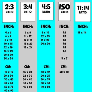 K&ouml;nnte beinhalten: Eine Tabelle mit f&uuml;nf Spalten, die verschiedene Seitenverh&auml;ltnisse f&uuml;r den Druck von Bildern zeigen. Jede Spalte ist mit einem Verh&auml;ltnis gekennzeichnet, wie z. B. 2:3, 3:4, 4:5, ISO und 11:14. Die Tabelle listet g&auml;ngige Druckgr&ouml;&szlig;en in Zoll und Zentimetern f&uuml;r jedes Verh&auml;ltnis auf.