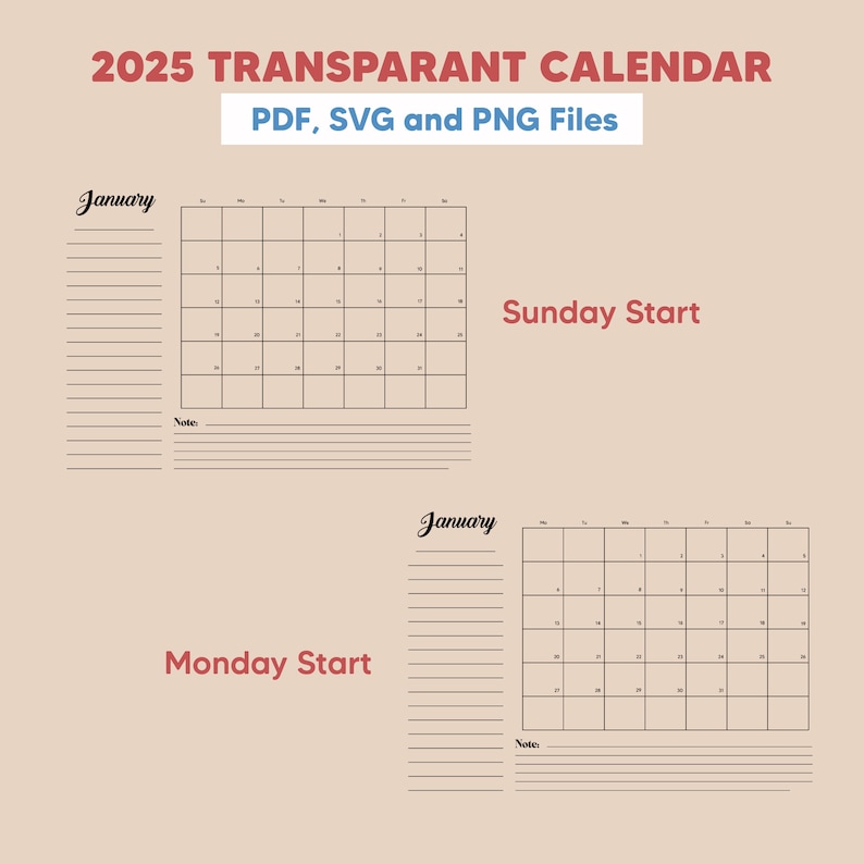 2025 Monthly Calendar Template, Transparent Calendar, Monday and Sunday Customize My 2025 Monthly Calendar Template
