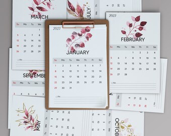 2023 Printable Calendar, Monthly Calendar 2023, Office Calendar, Monday and Sunday Start, Floral Calendar, Digital Download, Wall Calendar