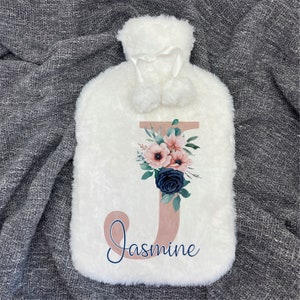 Blue & Pink Floral Initial Hot Water Bottle - Personalised Gift for Her