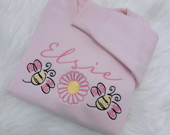 Personalised Embroidered Bee's and Daisy Children's Sweatshirt - Various Colours To Choose From